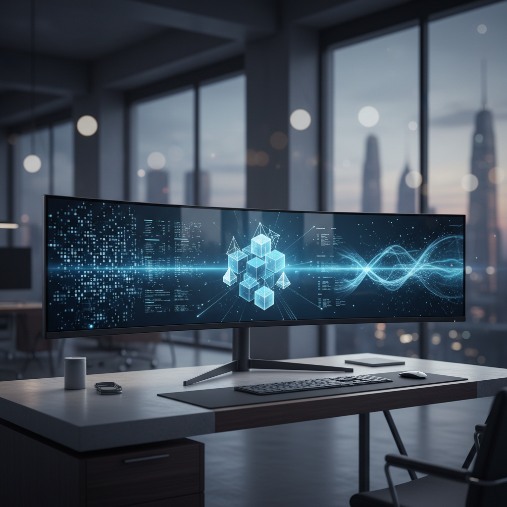 Sleek ultrawide monitor displaying glowing blue data grids and charts on a minimalist desk.