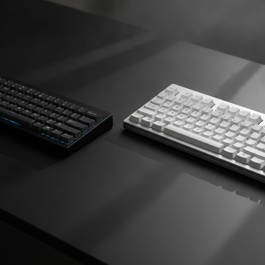 Two premium mechanical keyboards, one compact and one full-size, on a dark matte desk.