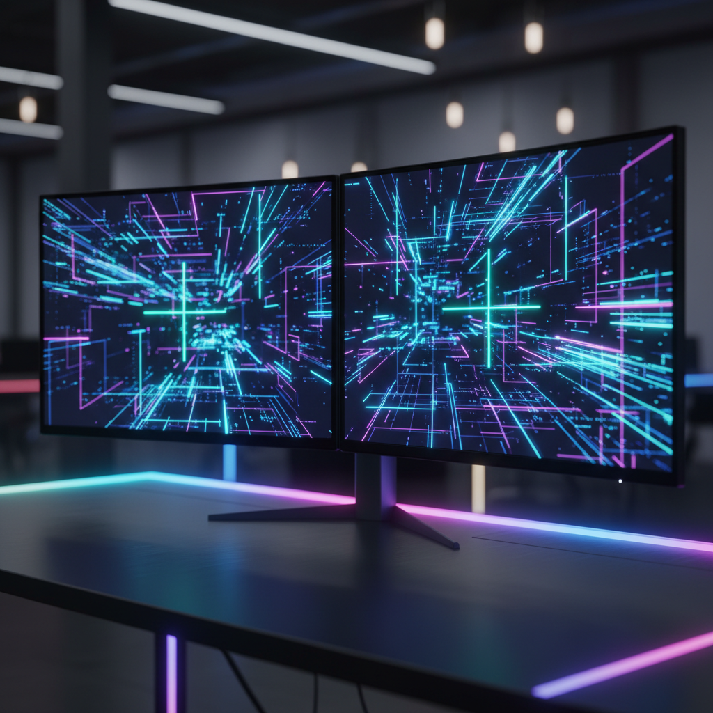 Two ultra-wide monitors displaying glowing cyan grids and crosshairs on a sleek black desk.