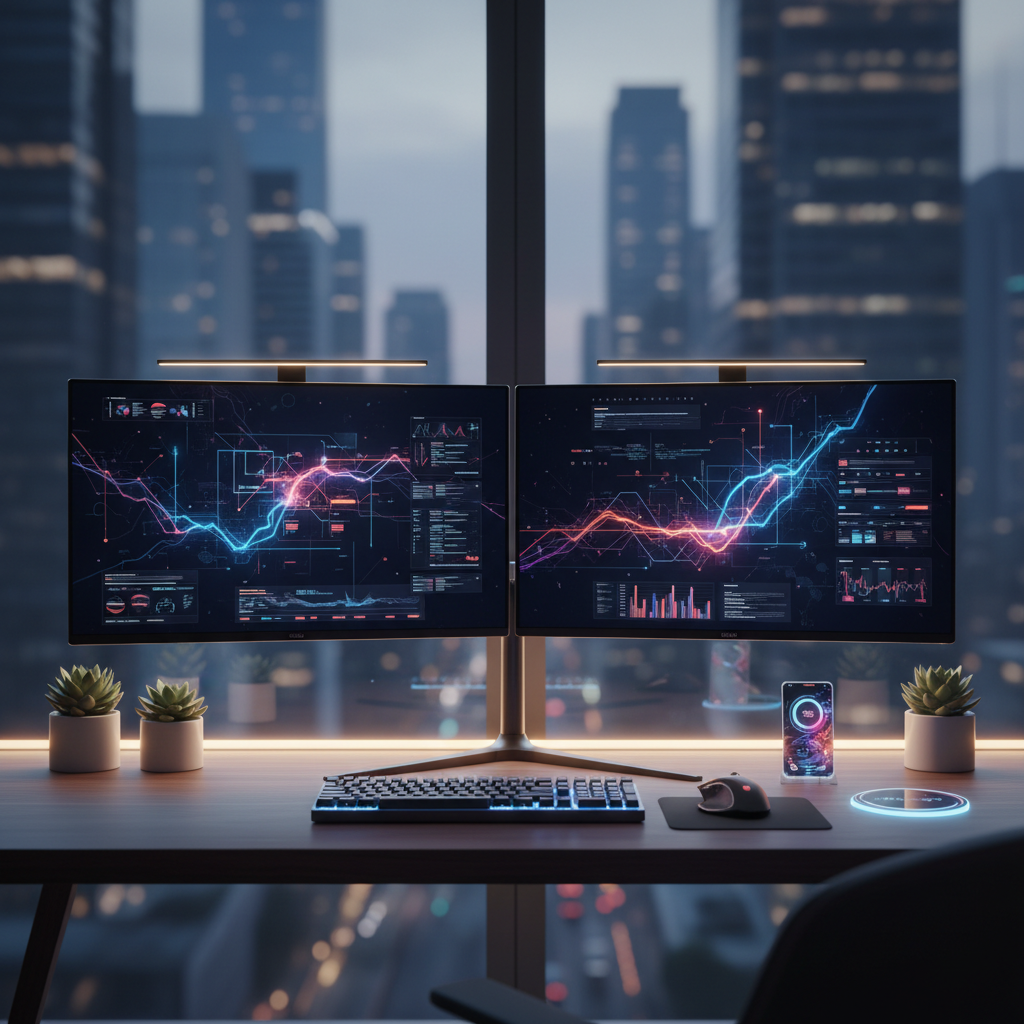 Cozy modern desk with two vertical monitors showing dark mode, walnut wood, keyboard, city view.