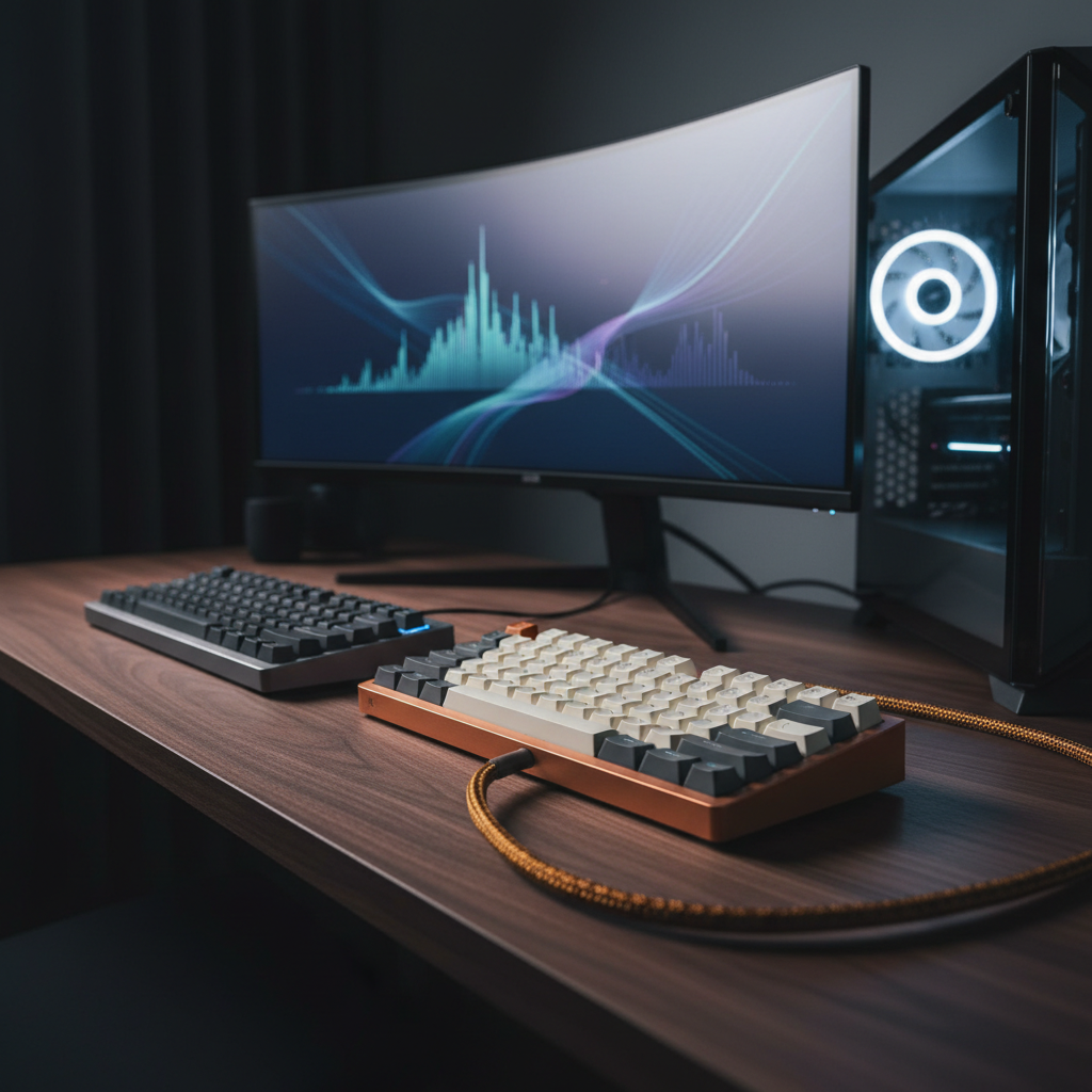 Wireless and wired mechanical keyboards on a dark wood desk with a curved monitor.