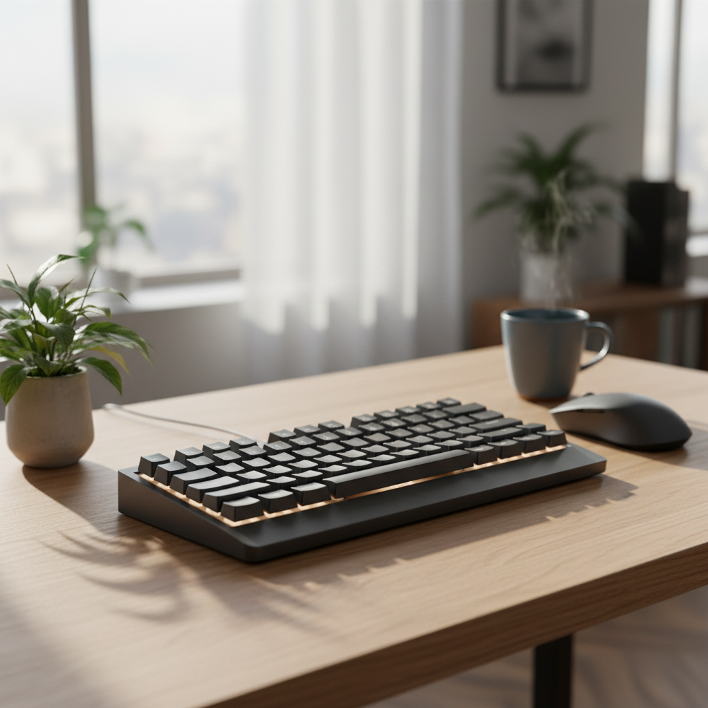 Minimalist desk featuring a sleek keyboard, plant, mouse, and coffee cup in soft morning sunlight.