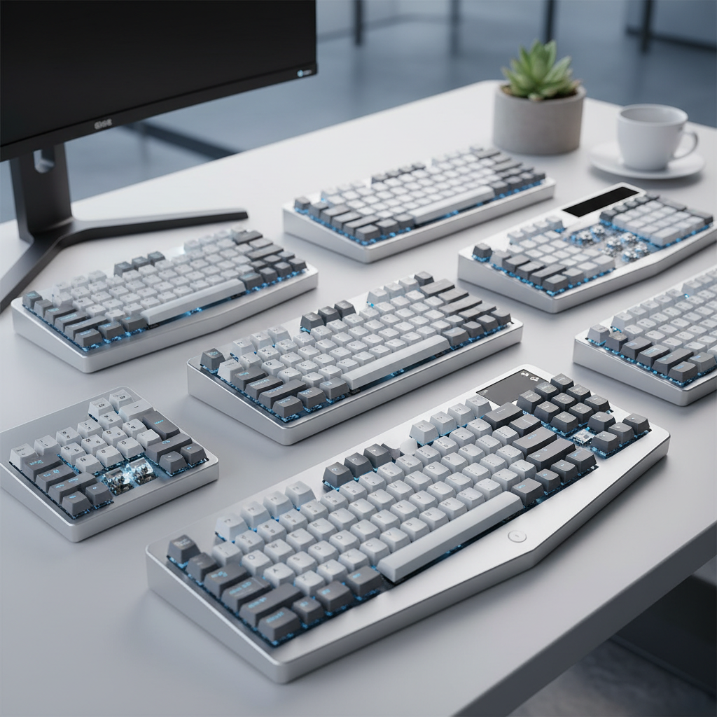 Seven ultra-slim futuristic mechanical keyboards with RGB glow on a sleek modern office desk.