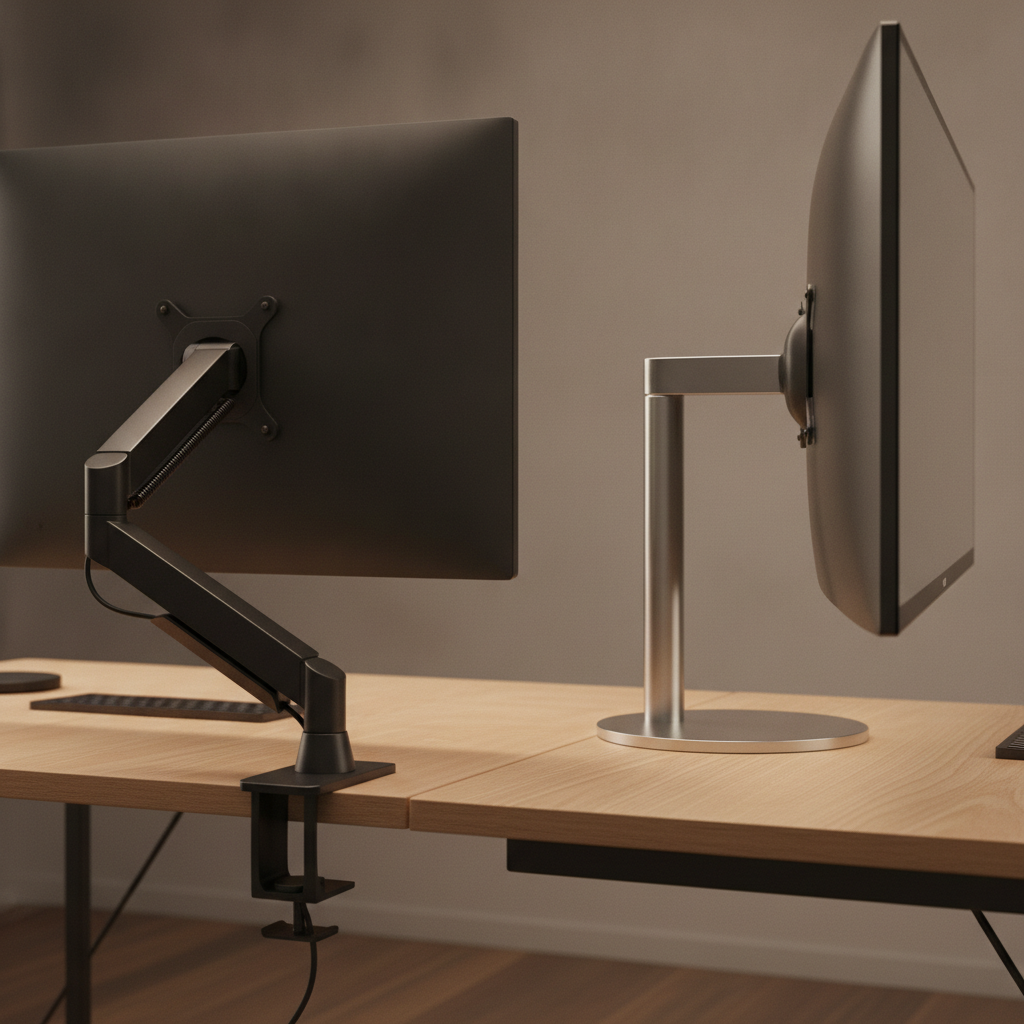 A monitor arm and a minimalist monitor stand on a modern oak desk.