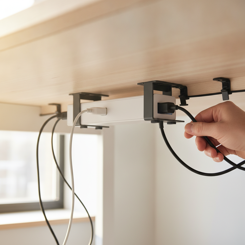 A hand mounts a white power strip under a wooden desk with neatly organized cables.