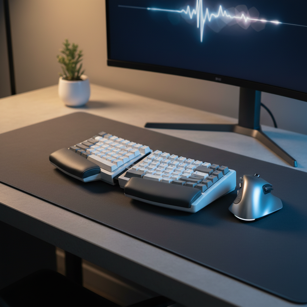 Futuristic desk with a curved split mechanical keyboard and soft cinematic ambient lighting.