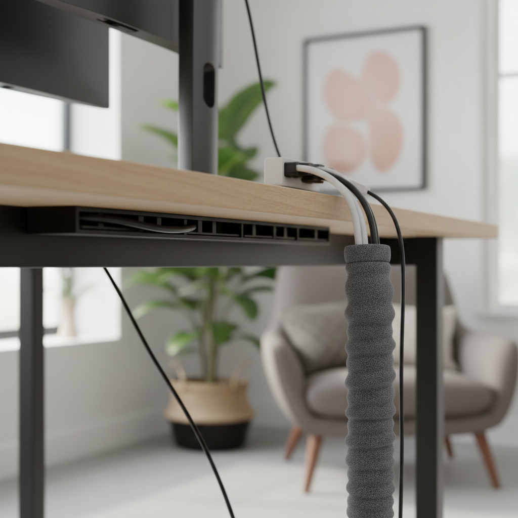 Minimalist desk close-up showing neat cable management with hard raceway and braided sleeve.