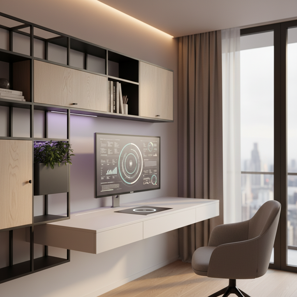 Futuristic minimalist desk with space-saving hacks, transparent OLED monitor, and plant pod.