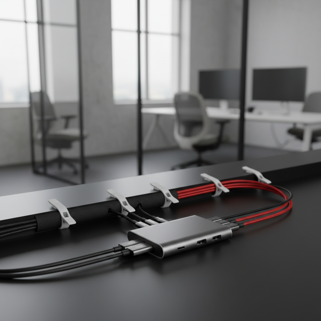 Premium aluminum USB-C hub with neatly managed cables on a sleek dark desk.