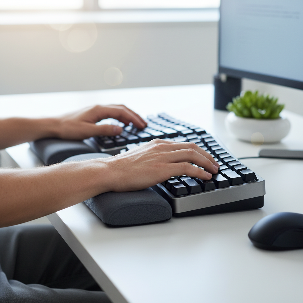 Hands typing on an ergonomic split keyboard with neutral wrist posture in a sunlit office.