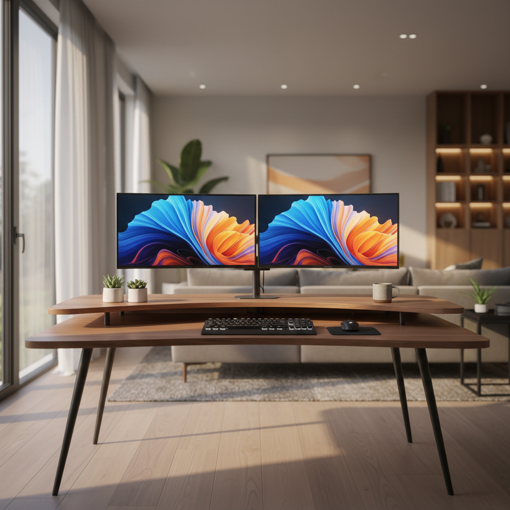 Modern home office with walnut desk, dual curved monitors, and warm sunlight.