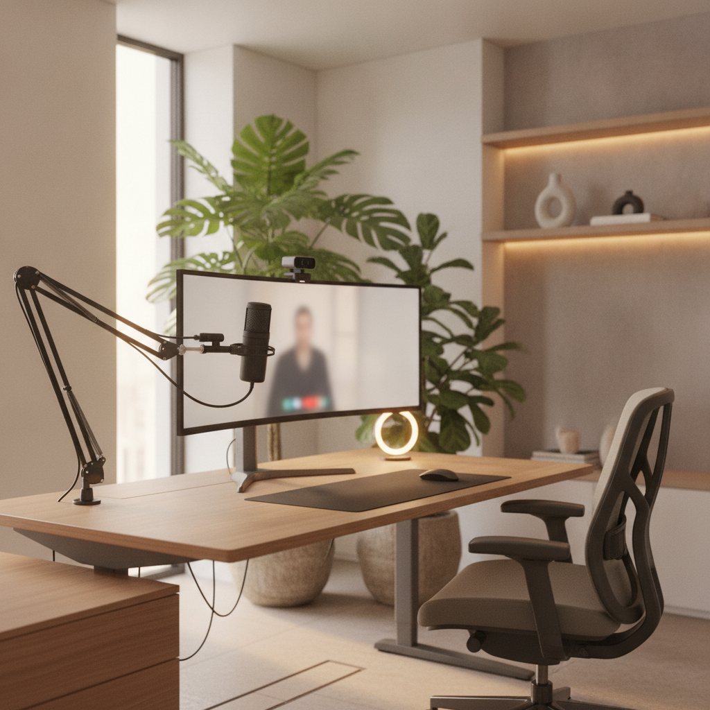 Modern home office with ultrawide monitor, webcam, and plants for professional video calls.