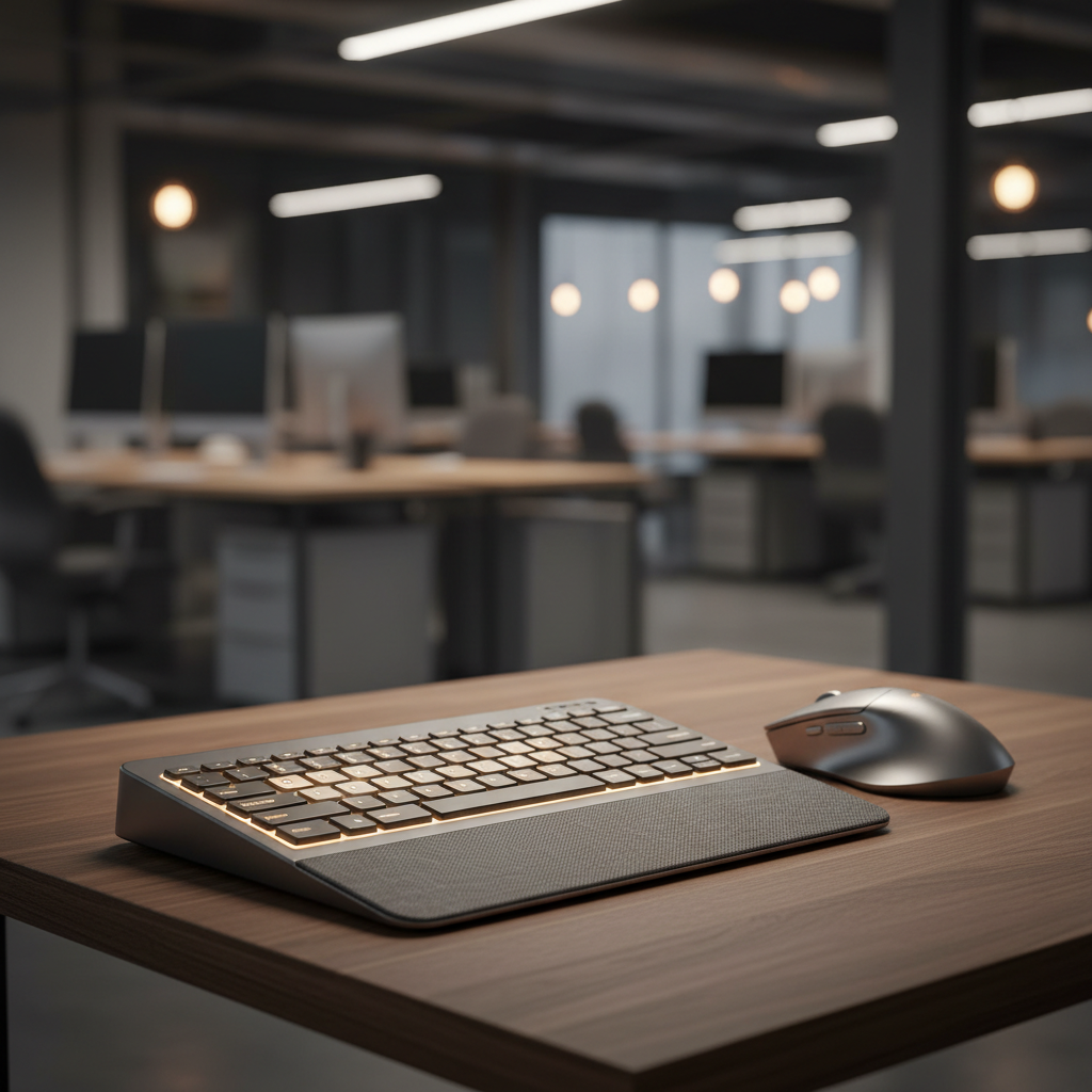 Premium titanium wireless keyboard and frosted metal mouse on a dark oak desk.