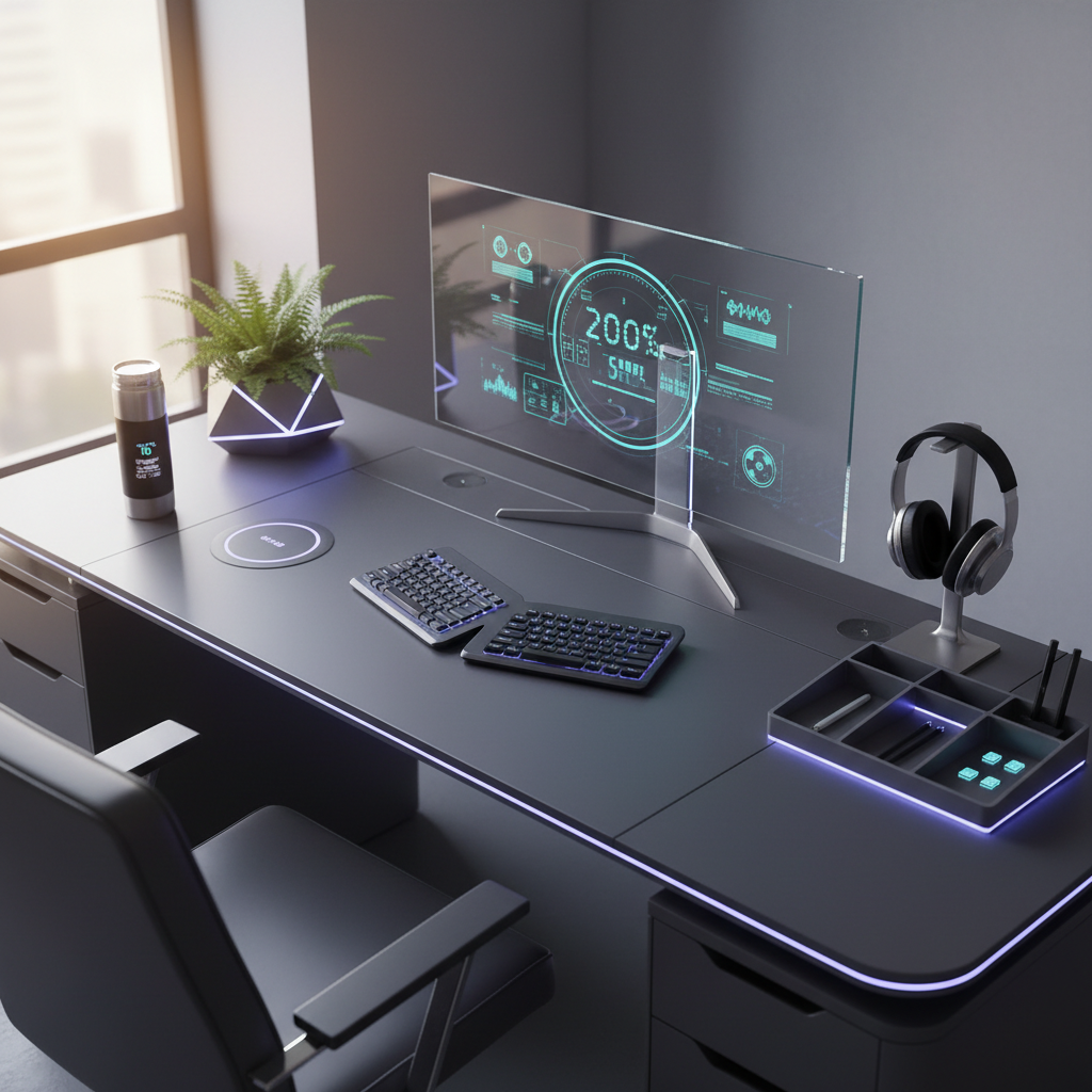 Top-down view of a futuristic charcoal desk setup with a smart glass monitor and soft ambient LEDs.