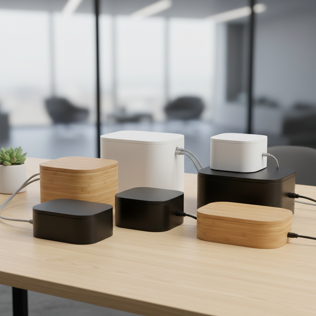 Seven modern cable management boxes in white, black, and bamboo on a minimalist office desk.