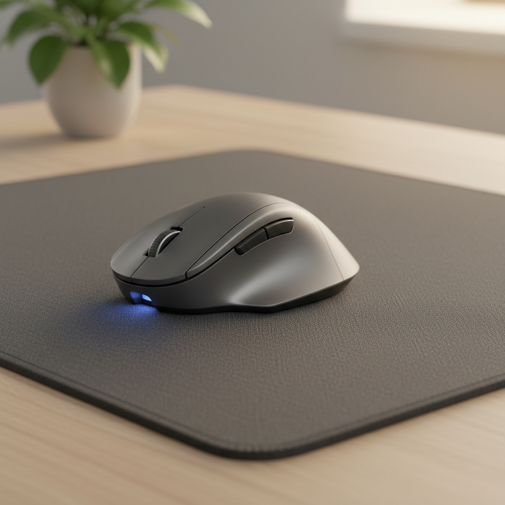 Sleek modern mouse on a textured desk mat in a warm, softly blurred minimalist workspace.