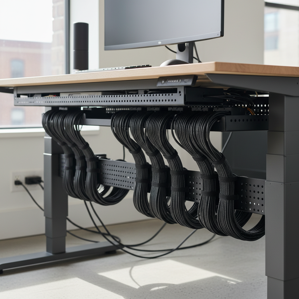 Neatly organized, clutter-free cable management under a minimalist standing desk
