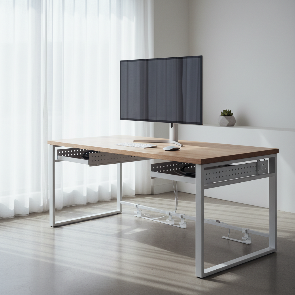 Minimalist desk with a sleek monitor, wireless keyboard, and hidden cables.