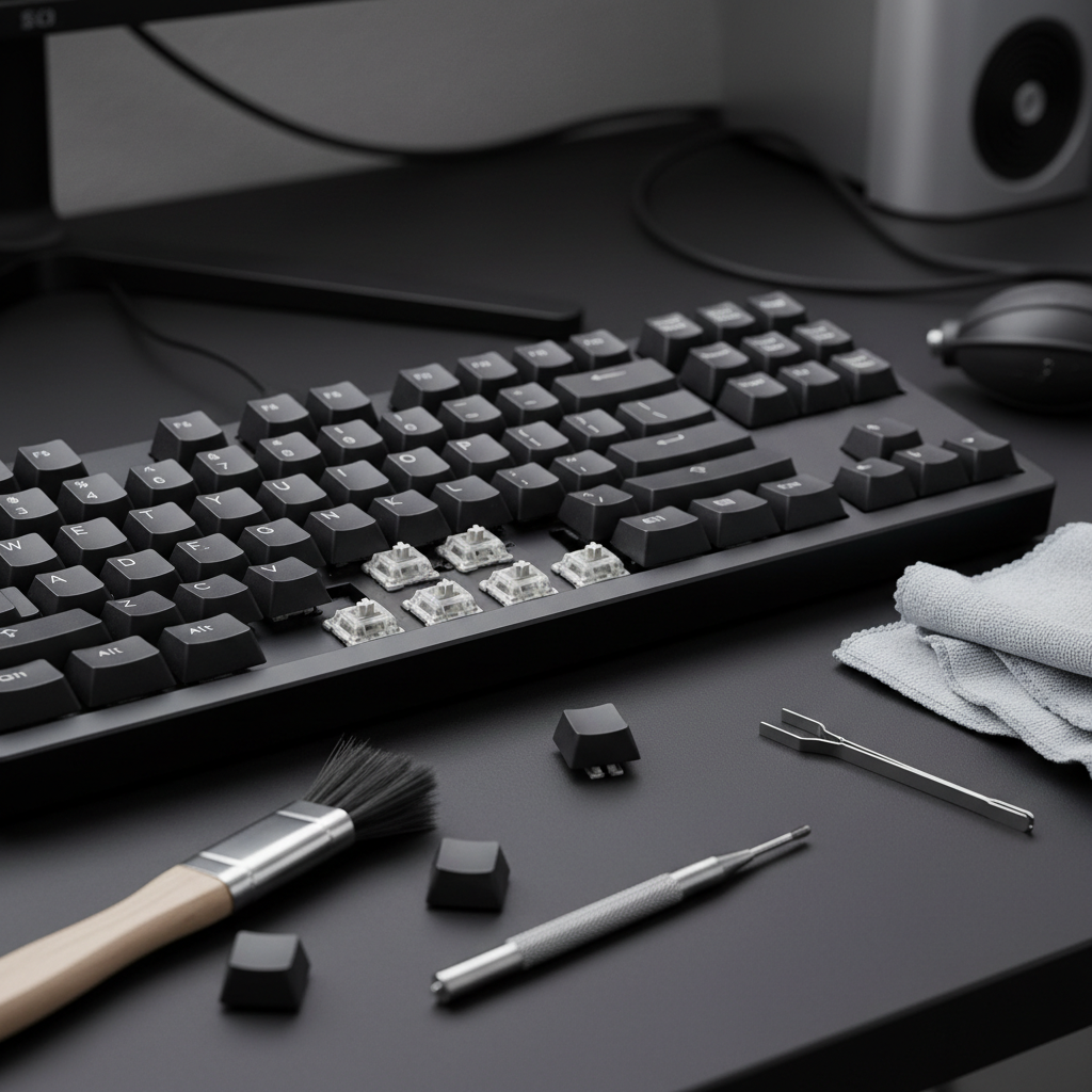 A premium mechanical keyboard being cleaned with tools on a dark desk.